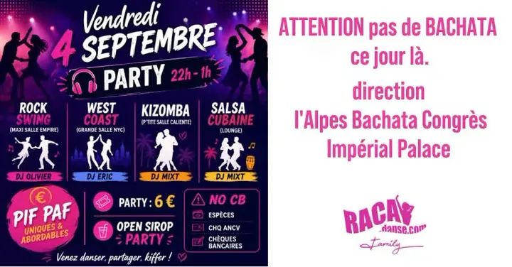 Affiche fuchsia et violette avec des silhouettes de danseurs, annonçant le vendredi 4 septembre de 22h à 1h, ses quatre salles et ses DJ, entrée 6 €.