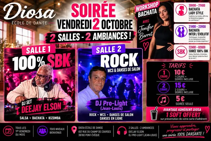 Affiche rose et violette de la soirée DIOSA du vendredi 2 octobre : deux salles avec les photos des DJ Deejay Elson et DJ Pro-Light, portrait de Jenifer Barret pour le workshop…