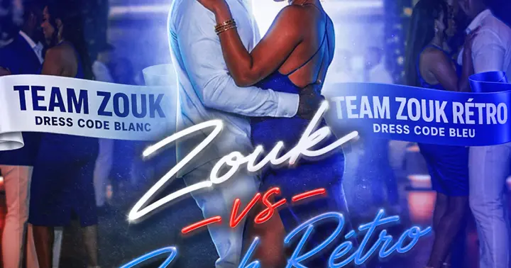 Flyer bleu et blanc montrant un couple enlacé, avec les bannières Team Zouk dress code blanc et Team Zouk Rétro dress code bleu