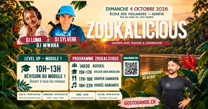 Affiche aux couleurs d'un coucher de soleil tropical, avec les portraits des DJ et de Dendê, le titre Zoukalicious et la grille horaire du dimanche 4 octobre à l'École des…